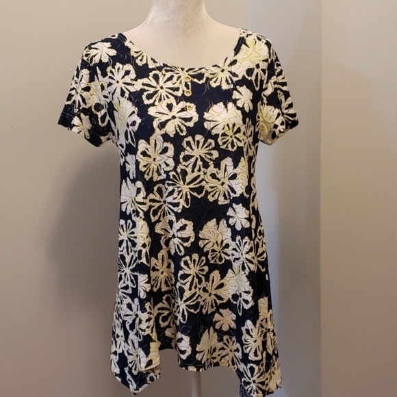 Mishca Tunic Top Sh-Slv Navy/ Wt/ Yellow EUC Md - Picture 1 of 8